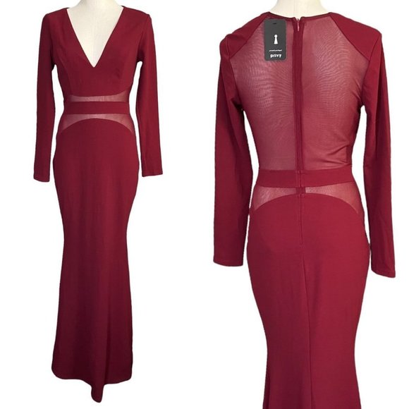 Burgundy Floor Length Grown Deep V-Neckline Mesh Panels Long Sleeve Sexy Privy - Picture 1 of 6